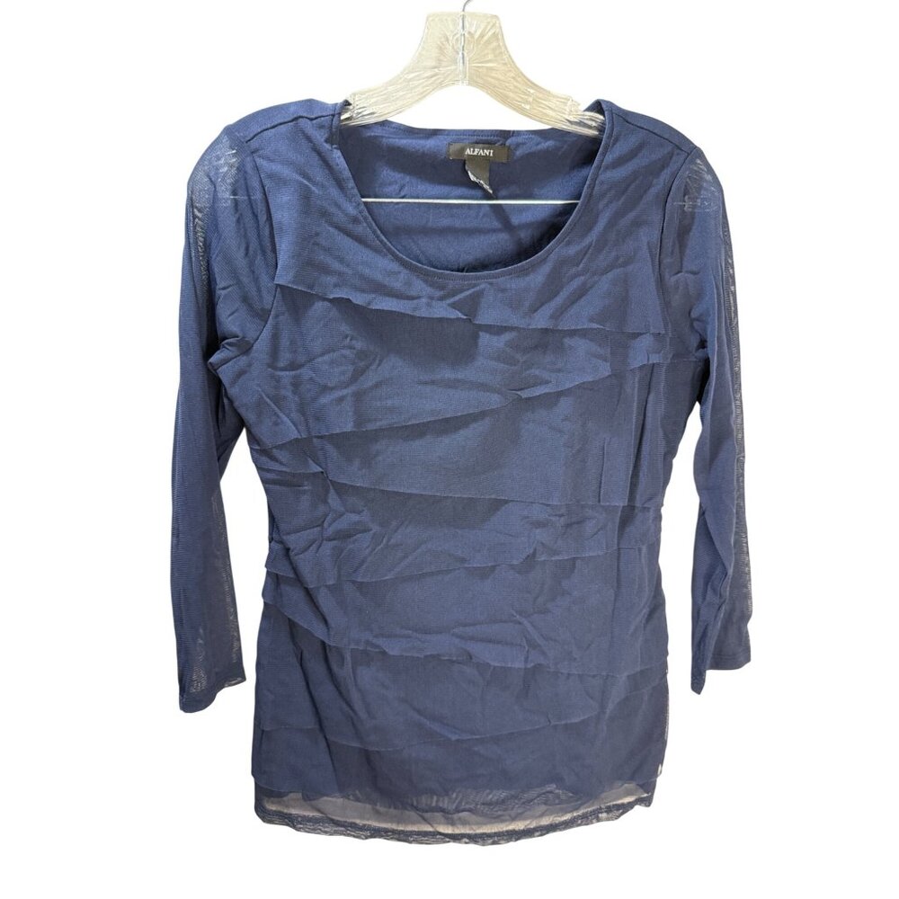 Alfani Womens Textured Navy Blue Nylon Blouse‎ S